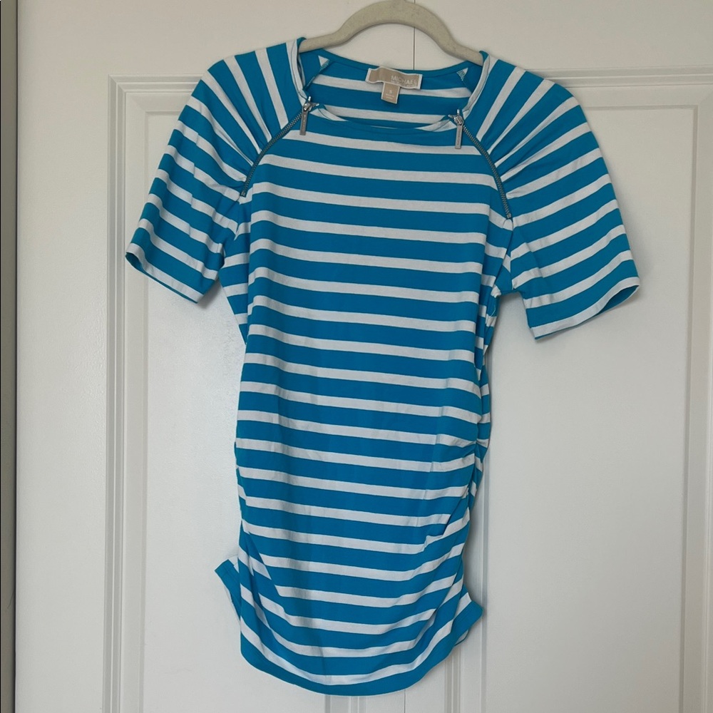 MICHAEL Michael Kors Turquoise & White Striped Zip-Shoulder Top